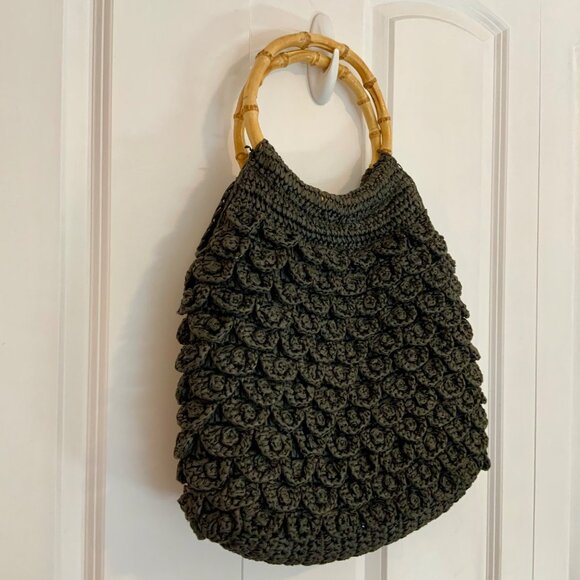 J. Crew Black Straw Hobo Bag Tote Double Bamboo Handles Large - Picture 5 of 9